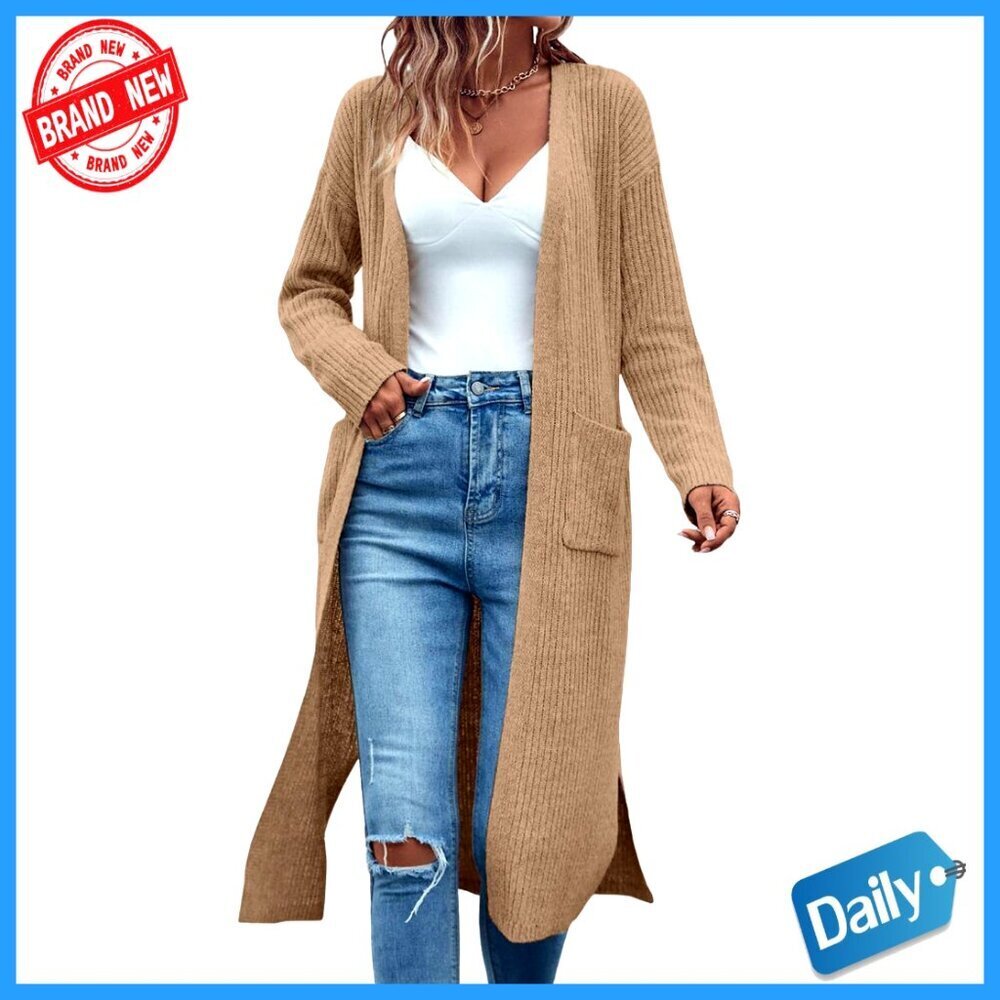 Oversized Ribbed Knit Cardigan with Pockets, Long Sleeve Open Front Duster